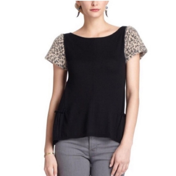 Anthropologie Leifsdottir Sweater Blouse with Leopard Print Sleeves - Picture 2 of 7